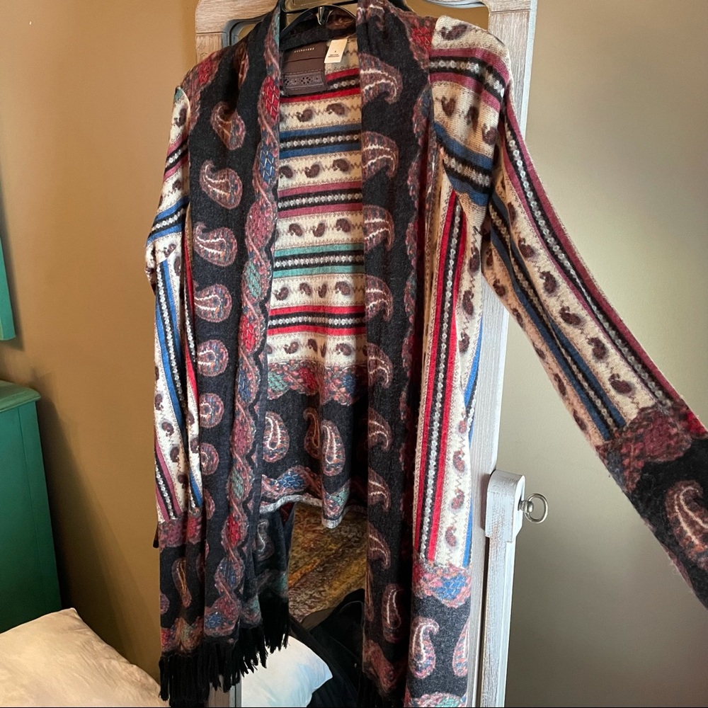 Wool Open Front Wrap with Fringe Trim